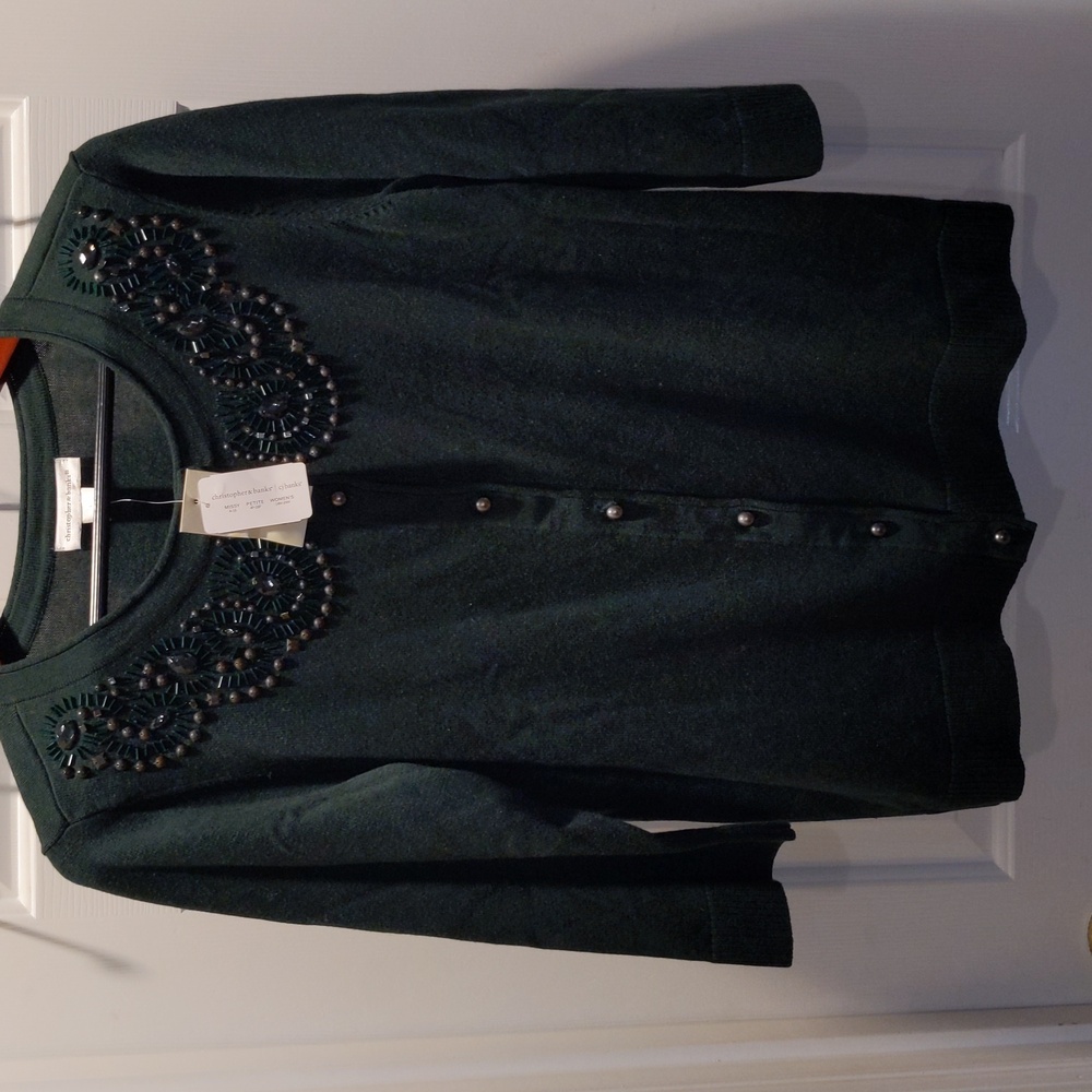 Evergreen Christopher Banks Women L Beaded Cardigan Christmas NWT 3/4 Sleeves